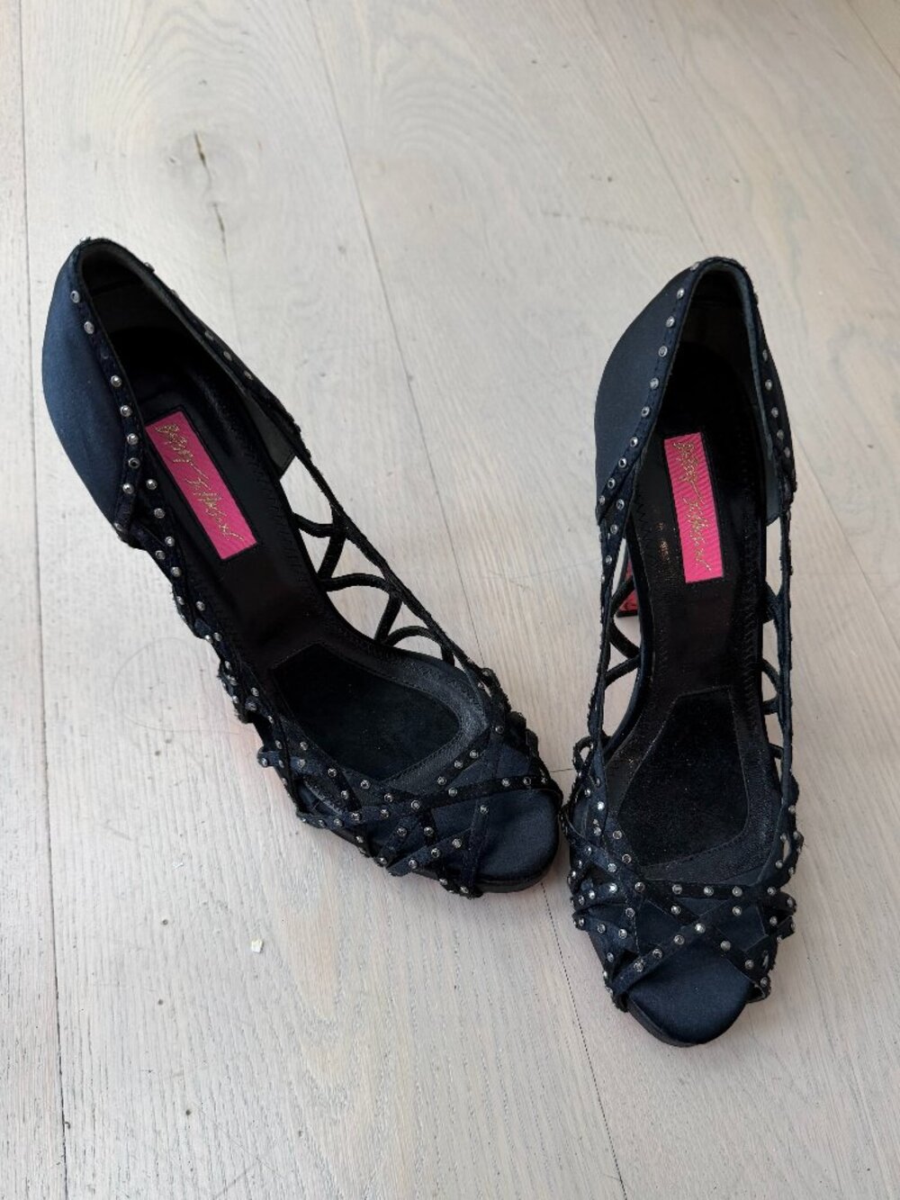 Betsey Johnson Black Satin Rhinestone Lattice Cocktail Heels Size 8.5